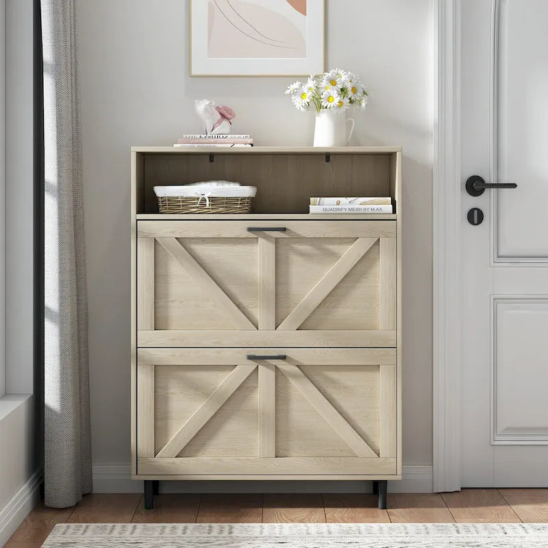 Meuble à chaussures étroit autonome avec porte coulissante style grange et 2 tiroirs basculants
